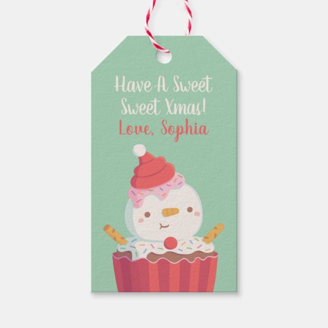 Niedlicher Cupcake Snowman, süße Weihnachten Geschenkanhänger (Vorderseite)