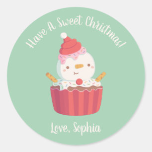 Niedlicher Cupcake Snowman, süße Weihnachten Runder Aufkleber