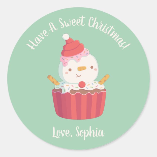 Niedlicher Cupcake Snowman, süße Weihnachten Runder Aufkleber (Vorderseite)