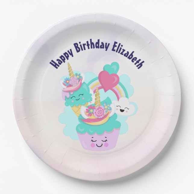 Niedlicher Cupcake und glückliche Eiscreme Geburts Pappteller (Vorderseite)