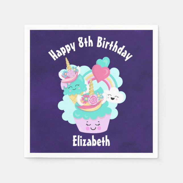 Niedlicher Cupcake und glückliche Eiscreme Geburts Serviette (Vorderseite)