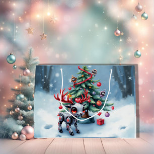 Niedlicher Cyberpunk-Rentier mit Weihnachtsbaum Große Geschenktüte