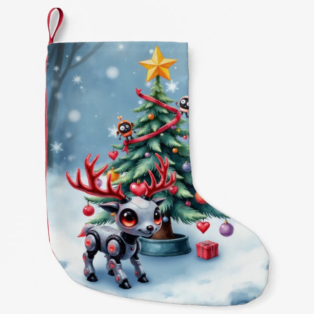 Niedlicher Cyberpunk-Rentier mit Weihnachtsbaum Kleiner Weihnachtsstrumpf (Vorderseite)