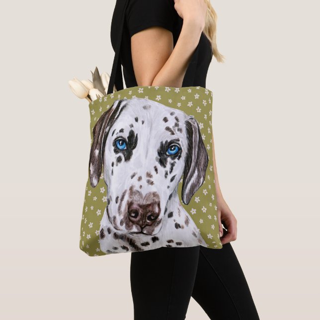 Niedlicher Dalmatiner mit grün-weißem Blume-Muster Tasche (Von Nahem)