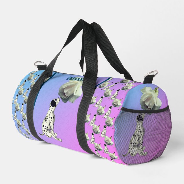 Niedlicher Dalmatiner Welpe Rose Tier Personalisie Duffle Bag (Rechte Ecke)