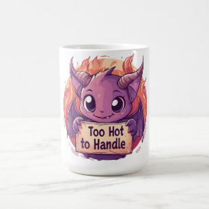 Niedlicher Dämon, der ein Zeichen "Zu heiß zu hand Kaffeetasse