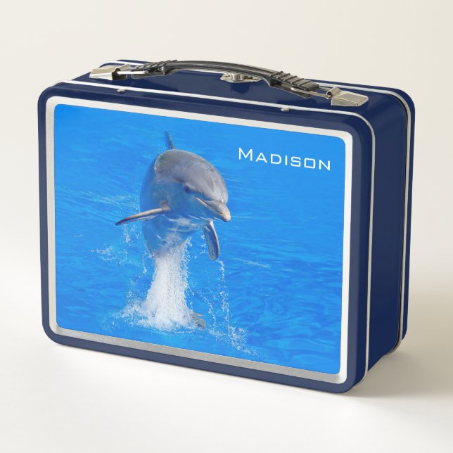 Niedlicher Delphin Jumping Personalisierter Name Metall Brotdose (Rückseite)