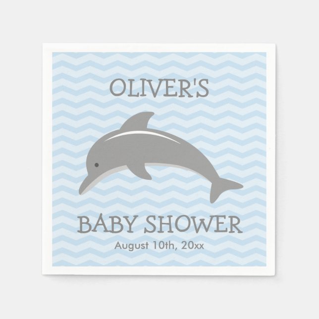 Niedlicher Delphin und blaue Zickzack Babydusche Serviette (Vorderseite)