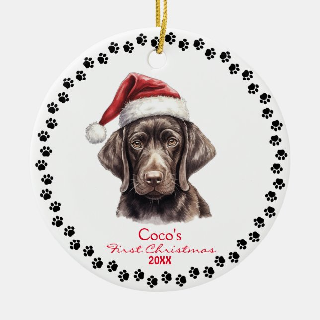 Niedlicher deutscher Kurzhahn Weihnachtsmannmütze  Keramik Ornament (Vorne)
