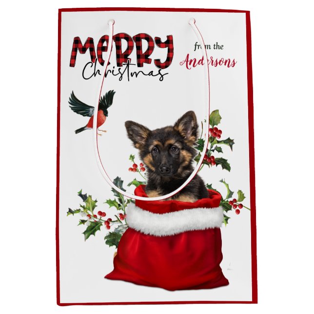 Niedlicher deutscher Schäferhund Welpenhund Weihna Mittlere Geschenktüte (Vorderseite)