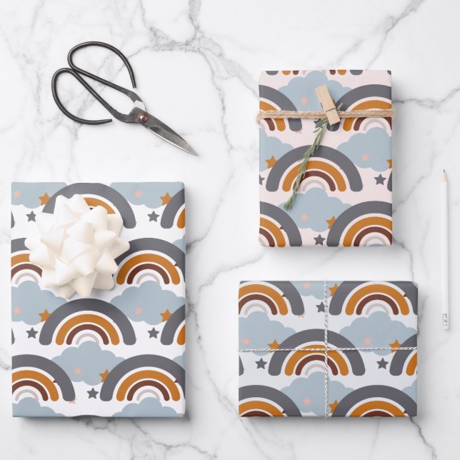 Niedlicher dicker Boho Kid's Pastel Rainbow, Cloud Geschenkpapier Set (Vorderseite)