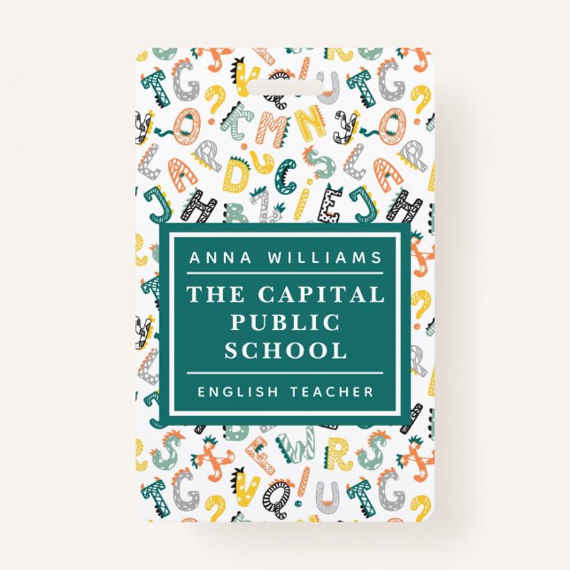 Niedlicher Dino Alphabet Grundschullehrer Name Ausweis (Vorderseite)