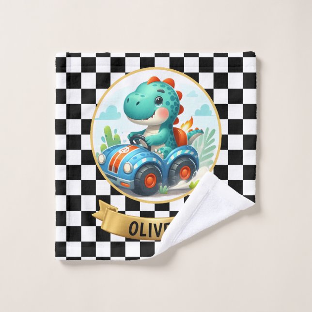 Niedlicher Dino mit Race Car Waschlappen (Waschlappen)