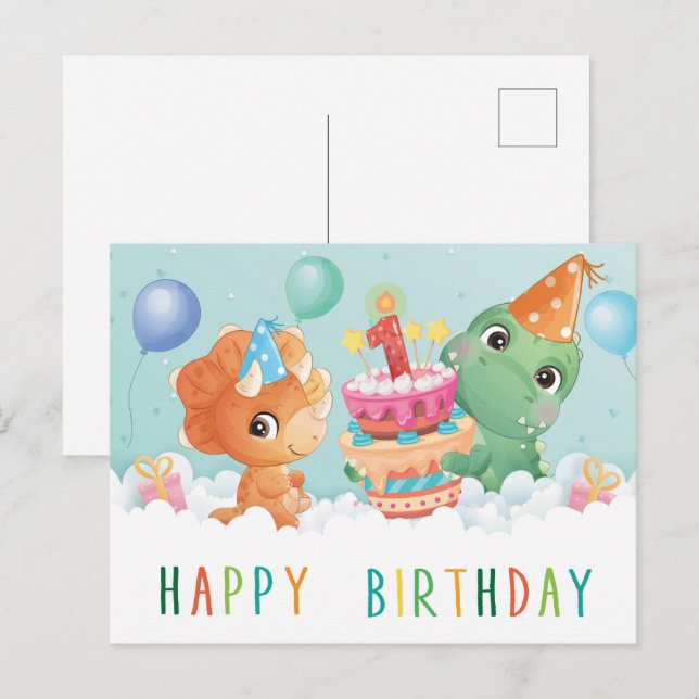 niedlicher Dinosaurier 1. Geburtstagskarte Postkarte (Vorne/Hinten)