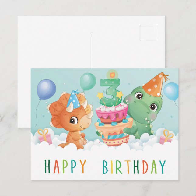 Niedlicher Dinosaurier 3. Geburtstagskarte Postkarte (Vorne/Hinten)