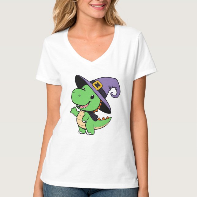 Niedlicher Dinosaurier als Hexe zu Halloween T-Shirt (Vorderseite)