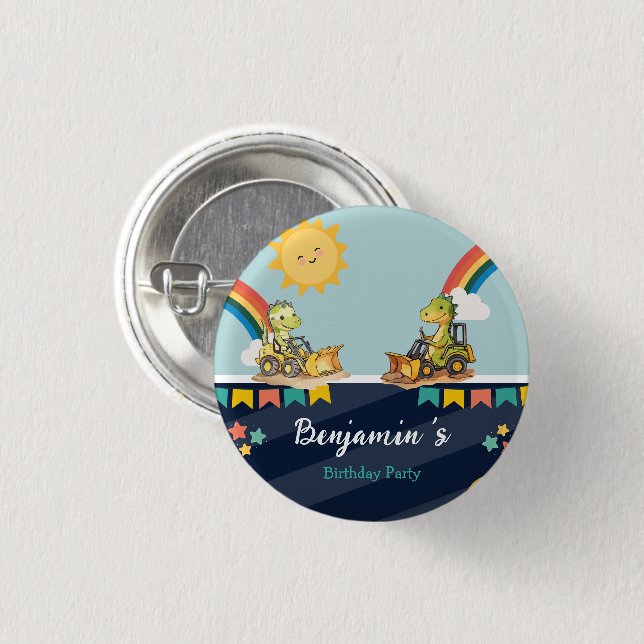 Niedlicher Dinosaurier Bagger Traktor Regenbogen G Button (Vorne & Hinten)