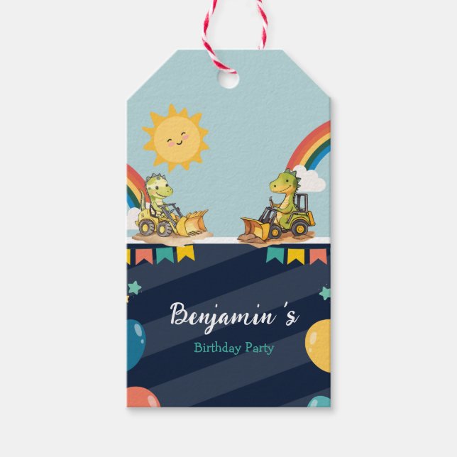 Niedlicher Dinosaurier Bagger Traktor Regenbogen G Geschenkanhänger (Vorderseite)
