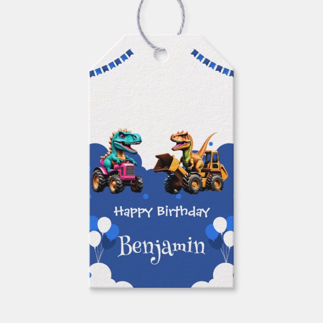 Niedlicher Dinosaurier Bagger Traktorballon Geburt Geschenkanhänger (Vorderseite)