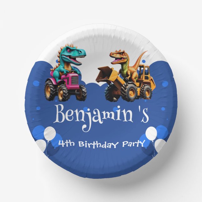 Niedlicher Dinosaurier Bagger Traktorballon Geburt Pappteller (Vorderseite)
