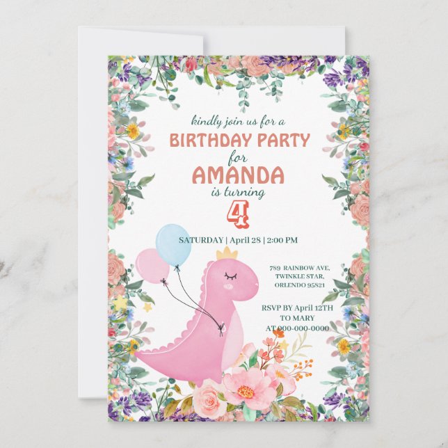 Niedlicher Dinosaurier Ballon Blumenkohl Kindergeb Einladung (Vorderseite)