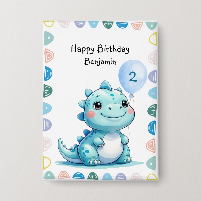 Niedlicher Dinosaurier brüllt Junge Happy Geburtst Button (Vorderseite)