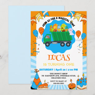 Niedlicher Dinosaurier bunter Müllwagen Geburtstag Einladung
