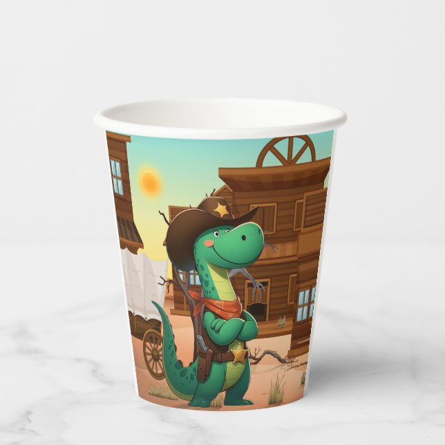 Niedlicher Dinosaurier/Cowboy Pappbecher (Vorderseite)