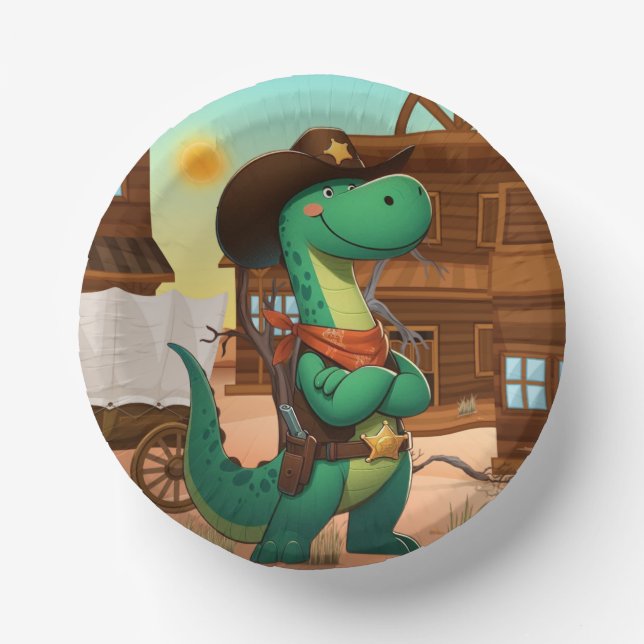 Niedlicher Dinosaurier/Cowboy Pappteller (Vorderseite)