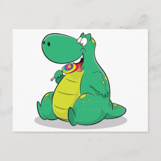 Niedlicher Dinosaurier, der Lollipop-Süßigkeiten i Postkarte