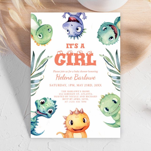 Niedlicher Dinosaurier Es ist eine Mädchendusche Einladung (Cute Dinosaur It's A Girl Baby Shower Invitation)