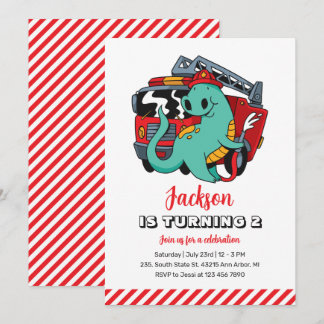 Niedlicher Dinosaurier Feuerwehrmann Kinder Dino G Einladung