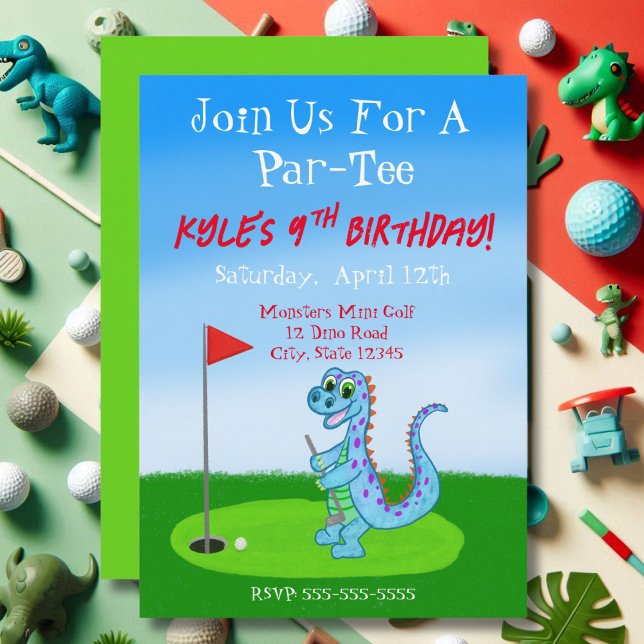 Niedlicher Dinosaurier Golf Thema 9. Geburtstag Einladung (Von Creator hochgeladen)