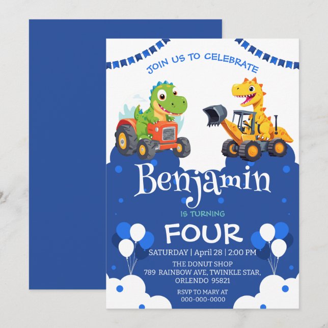 Niedlicher Dinosaurier graben Baggerballon Geburts (Vorne/Hinten)