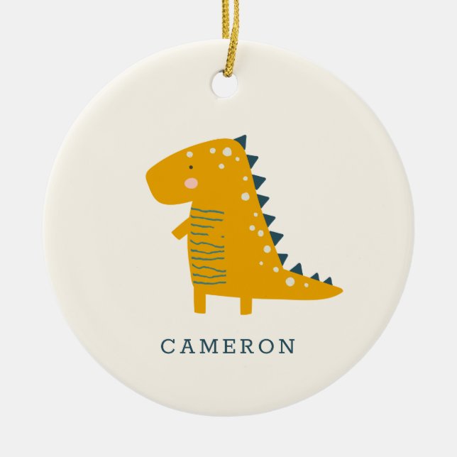 Niedlicher Dinosaurier in Gelb Personalisiert Keramik Ornament (Vorne)