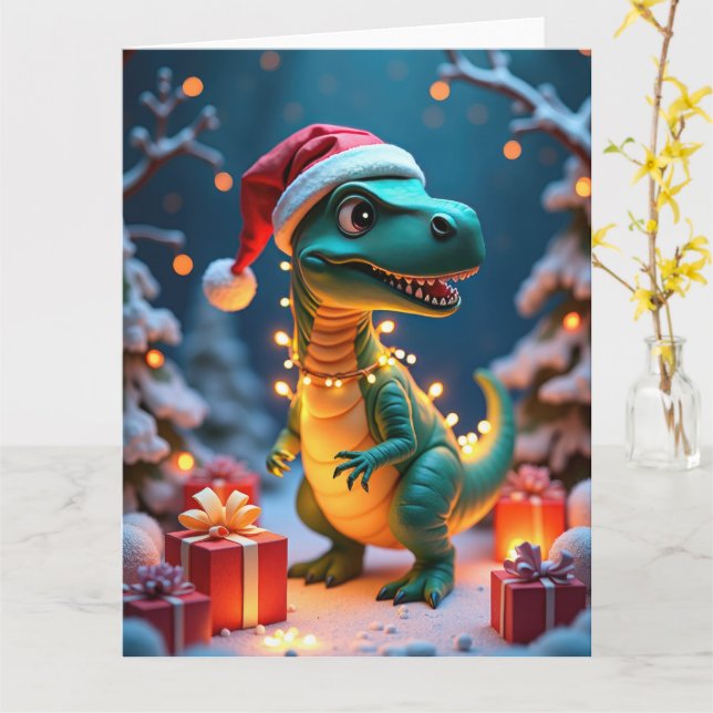 Niedlicher Dinosaurier in Lichterweihnachtszene ei Karte (Gelbe Blume)