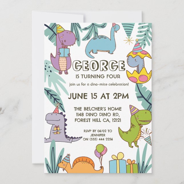 Niedlicher Dinosaurier-Kindergeburtstag Einladung (Vorderseite)