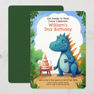 Niedlicher Dinosaurier mit Kuchen | Dino Kindergeb Einladung