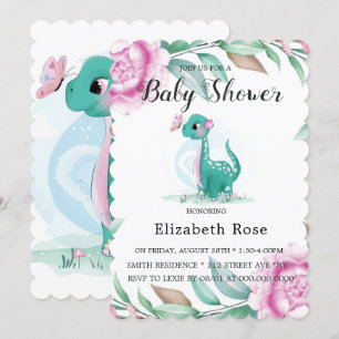 Niedlicher Dinosaurier mit Pink Peony Baby Girl Du Einladung