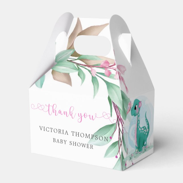 Niedlicher Dinosaurier mit Pink Peony Babydusche Geschenkschachtel (Vorderseite)