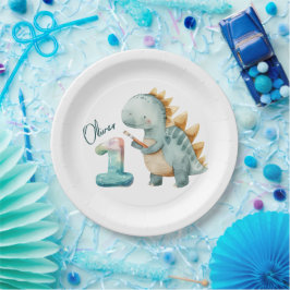 Niedlicher Dinosaurier mit Pinsel 1. Geburtstag Pappteller