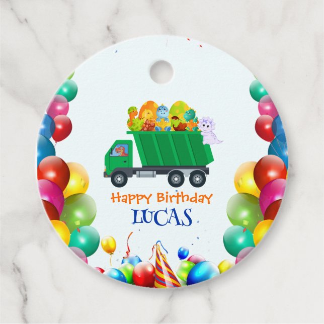 Niedlicher Dinosaurier Müllwagen Ballon Geburtstag Geschenkanhänger (Vorderseite)
