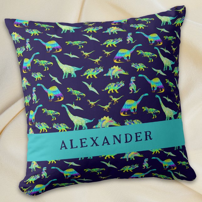 Niedlicher Dinosaurier Personalisierter Name Blau Kissen (Cute dinosaur personalized name boy baby blue pillow colorful dino pattern kids bedroom home decor)