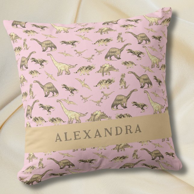Niedlicher Dinosaurier Personalisierter Name Rosa Kissen (Cute dinosaur personalized name baby girls pink pillow)