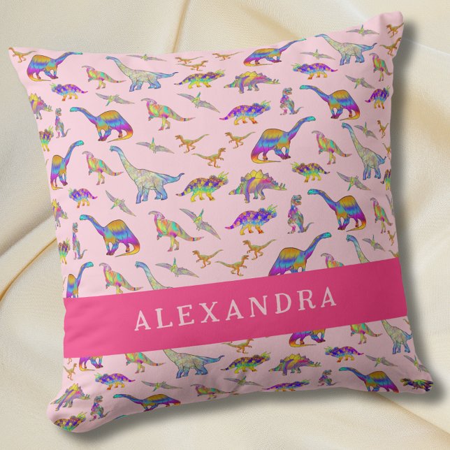 Niedlicher Dinosaurier Personalisierter Name Rosa Kissen (Cute dinosaur personalized name pink pillow Girls colorful dino bedroom home decor)