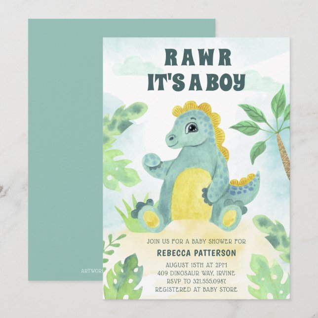 Niedlicher Dinosaurier Rawr seine Baby-Dusche Einladung (Vorne/Hinten)