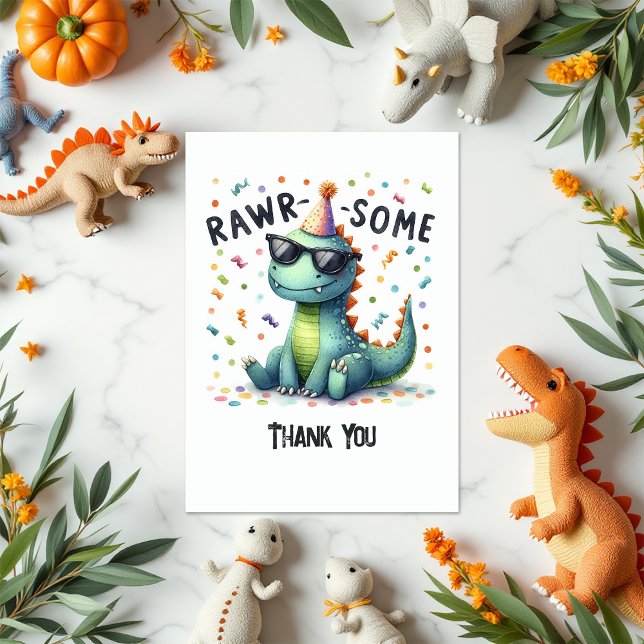 Niedlicher Dinosaurier "Rawr-some" Kindergeburtsta Dankeskarte (Cute Dinosaur “Rawr-some” Kids Birthday Thank You Card)