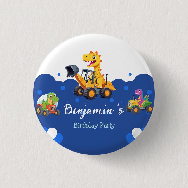 Niedlicher Dinosaurier-Traktor-Hubballon Geburtsta Button (Vorderseite)