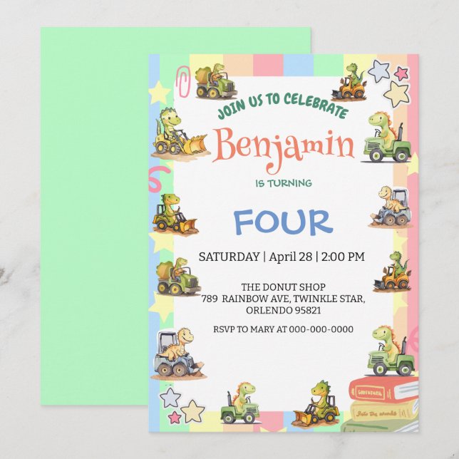 Niedlicher Dinosaurier-Traktor Rainbow B2S School  Einladung (Vorne/Hinten)