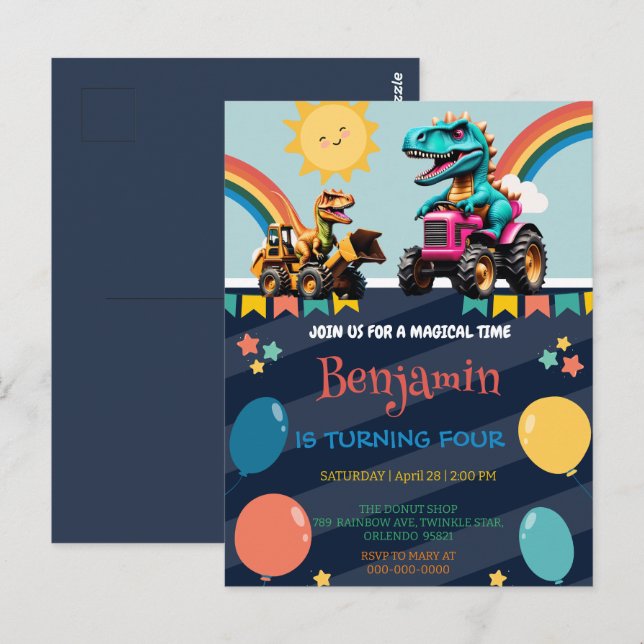 Niedlicher Dinosaurier Traktor Rainbow Ballon Birt Postkarte (Vorne/Hinten)